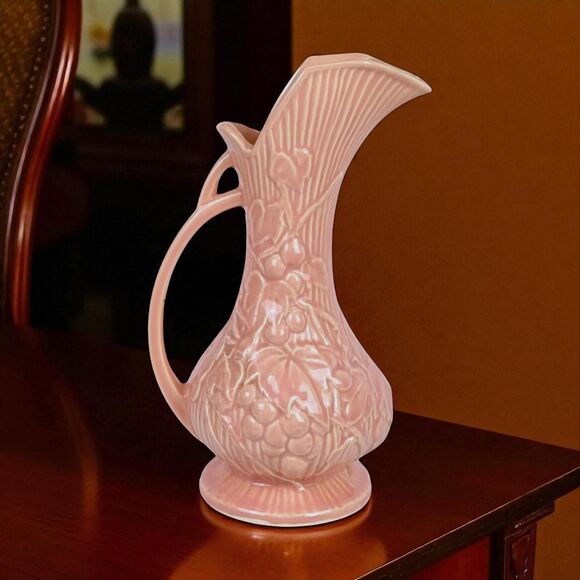 Vintage McCoy Pink Grape Pitcher: 9" Ceramic Vase, Mid-Century Decor - Picture 1 of 7